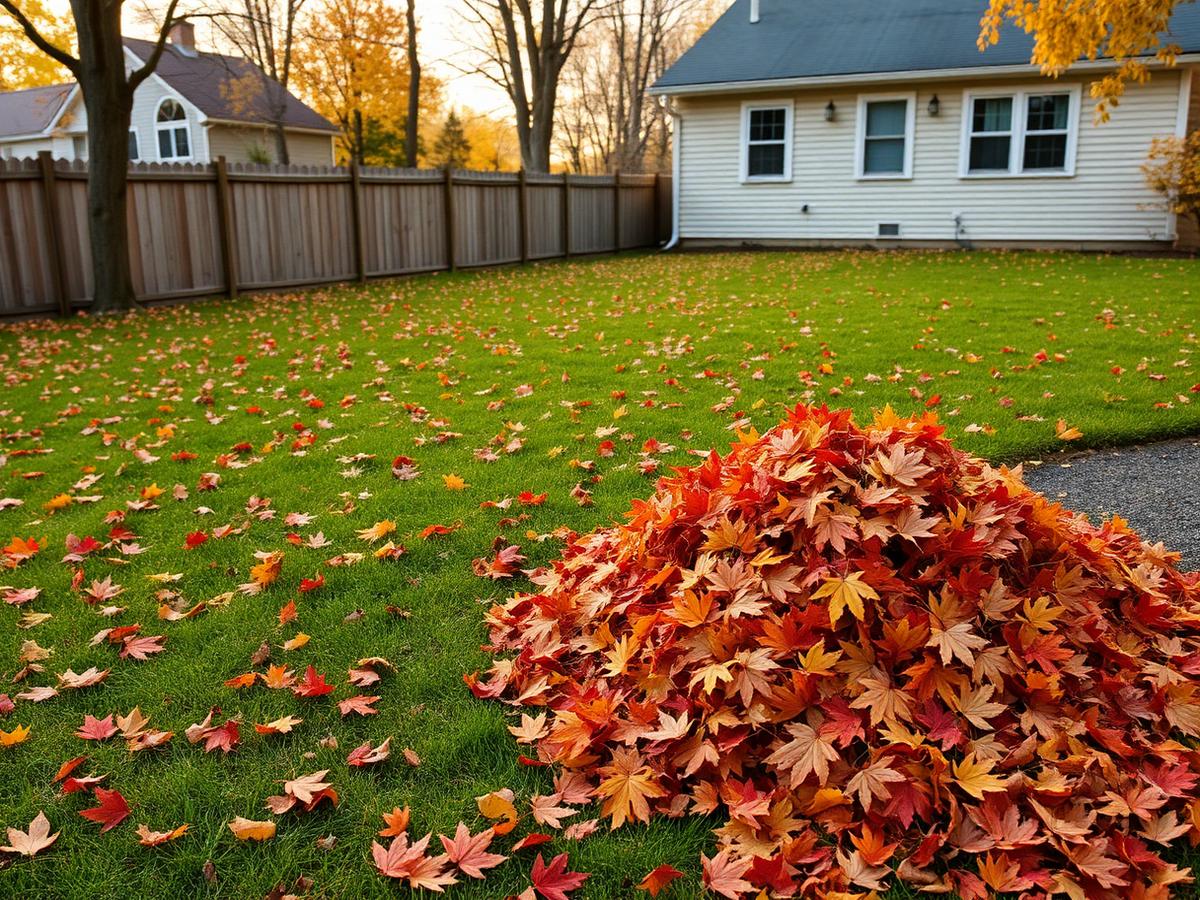 A raked pile of autumn leaves beside a tidy residential lawn