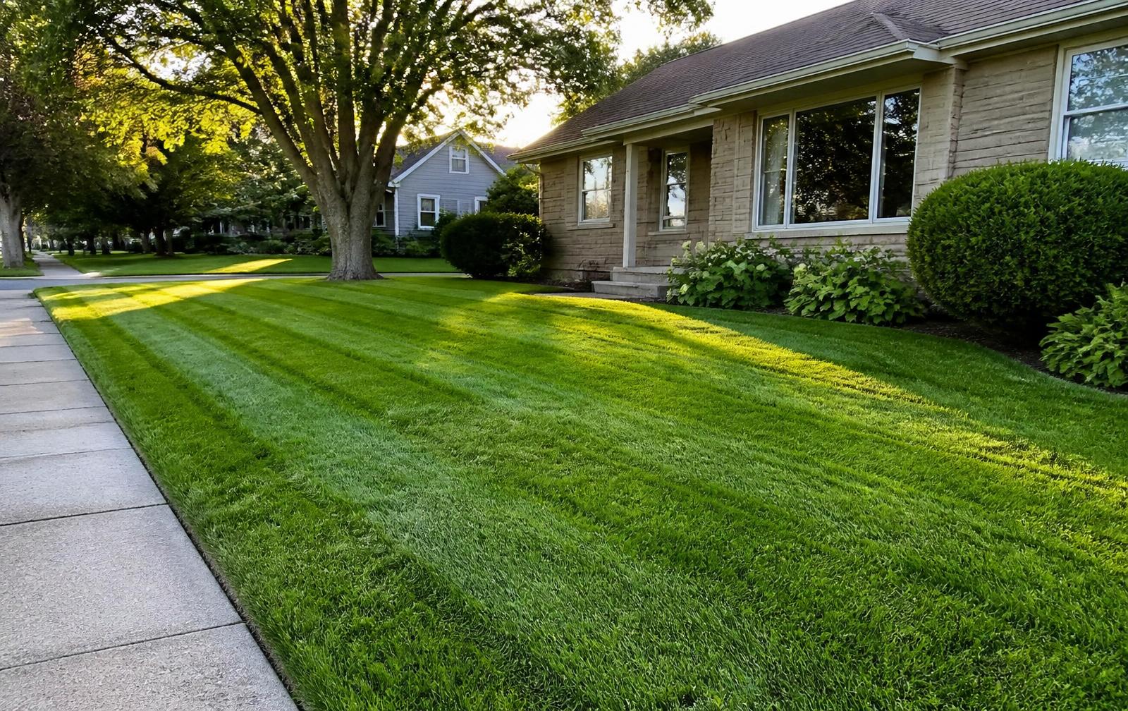 A freshly mowed residential front lawn with clean mowing stripes in a West Bend neighborhood