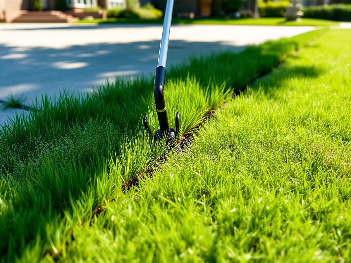 A string trimmer cutting a clean edge between green grass and a concrete driveway